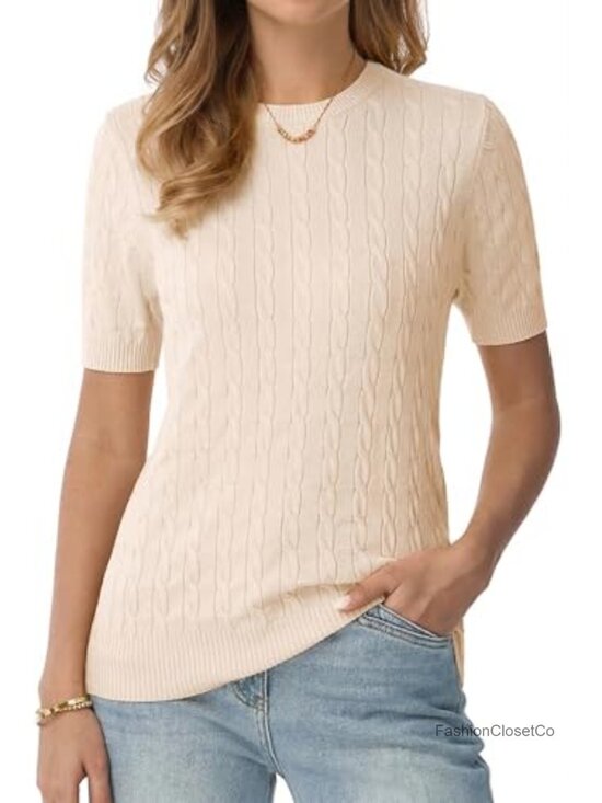 Sweaters - Women's Cable Knit Short Sleeve Crew Neck Sweater Viscose Blend